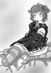 Rule 34 | 1girl, absurdres, antenna hair, ao daidai ki, arm support, assault lily, bed sheet, blush, breasts, buttons, closed mouth, commentary, cropped jacket, fang, fang out, frilled skirt, frills, gradient background, grey background, greyscale, hair ribbon, halftone, high-waist skirt, highres, juliet sleeves, leaning to the side, long sleeves, looking at viewer, medium breasts, miniskirt, monochrome, neck ribbon, no shoes, puffy sleeves, raised eyebrows, ribbon, school uniform, shirt, short hair, sitting, skirt, solo, striped clothes, striped thighhighs, thighhighs, two side up, yoshimura thi mai, yurigaoka girls academy school uniform