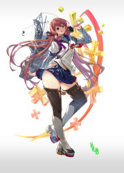 Rule 34 | 1girl, akashi (kancolle), armor, blue skirt, blush, breasts, brown hair, crane (machine), full body, gradient background, granblue fantasy (style), green eyes, hair ribbon, hammer, hip vent, kantai collection, lace, lace-trimmed legwear, lace trim, long hair, long sleeves, looking at viewer, machinery, medium breasts, pleated skirt, ribbon, school uniform, serafuku, skirt, smile, solo, standing, thighhighs, thighs, tongue, tongue out, tress ribbon, youmou usagi