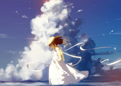 Rule 34 | 1girl, absurdres, bad id, bad pixiv id, bare shoulders, blue sky, blurry, blurry background, blush, bow, brown hair, closed eyes, closed mouth, cloud, cloudy sky, commentary request, cumulonimbus cloud, day, depth of field, dress, hat, head tilt, highres, long hair, original, outdoors, profile, skirt hold, sky, sleeveless, sleeveless dress, solo, standing, straw hat, sundress, wading, water, white bow, white dress, wind, zhibuji loom