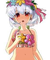 Rule 34 | 1girl, bare shoulders, bikini, blush, breasts, collarbone, fate/grand order, fate (series), flower wreath, green bikini, hair ribbon, head wreath, highres, kama (fate), kama (swimsuit avenger) (fate), kama (swimsuit avenger) (first ascension) (fate), looking at viewer, moai on, navel, open mouth, red eyes, ribbon, short hair, silver hair, small breasts, solo, swimsuit