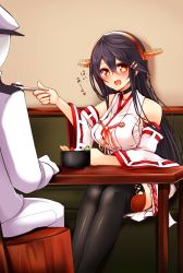 Rule 34 | 10s, 1girl, :d, admiral (kancolle), anmitsu (dessert), bad id, bad nicoseiga id, black footwear, black hair, black thighhighs, blush, booth seating, boots, chair, choker, commentary request, detached sleeves, feeding, hair ornament, hairband, hairclip, haruna (kancolle), hat, highres, kantai collection, long hair, military, military uniform, naval uniform, nontraditional miko, open mouth, orange eyes, peaked cap, pleated skirt, sitting, skirt, smile, table, thigh boots, thighhighs, translation request, tsukui kachou, uniform