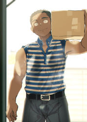 Rule 34 | 1boy, absurdres, arm at side, belt, black hair, black pants, blue shirt, box, carrying, dark-skinned male, dark skin, day, highres, holding, holding box, male focus, muscular, muscular child, negishiokun, original, outdoors, over shoulder, pants, sanpaku, shirt, sleeveless, solo, striped clothes, striped shirt, sweat