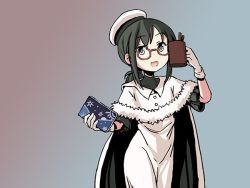 Rule 34 | 1girl, beret, bespectacled, black hair, book, cape, cosplay, cowboy shot, cup, dress, fubuki (kancolle), glasses, gloves, gradient background, hat, i-8 (kancolle), i-8 (kancolle) (cosplay), kantai collection, low ponytail, mug, open mouth, sixten, smile, solo, white dress, white gloves