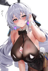 Rule 34 | 1girl, alternate costume, animal ears, bare shoulders, between breasts, black bow, black bowtie, black hairband, black leotard, blush, bow, bowtie, breasts, bronya rand, card, covered navel, crossed bangs, earrings, fake animal ears, fake tail, fantongjun, grey eyes, grey hair, hair between eyes, hair ornament, hairband, highres, honkai: star rail, honkai (series), jewelry, large breasts, leotard, long hair, looking at viewer, parted lips, playboy bunny, playing card, rabbit ears, rabbit tail, simple background, solo, tail, white background, wrist cuffs