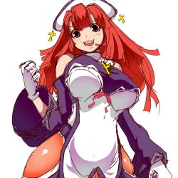 Rule 34 | 1girl, bare shoulders, blush, breasts, cross, curvy, fangs, female focus, gloves, hat, huge breasts, kuma (kumakuma5), kumakuma5, la pucelle, large breasts, long hair, looking at viewer, open mouth, pantyhose, prier, red eyes, red hair, simple background, sketch, smile, solo, thighs, wide hips