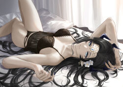 Rule 34 | 1girl, arknights, black bra, black hair, black panties, blue eyes, blue nails, bra, breasts, flower, forehead jewel, gino (gino h), hair flower, hair ornament, hair spread out, highres, horns, lingerie, long hair, lying, medium breasts, mole, mole under mouth, nail polish, on back, on bed, panties, pointy ears, solo, underwear, valarqvin (arknights)