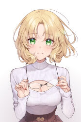 Rule 34 | 1girl, blonde hair, blush, breasts, character request, cleavage, cleavage cutout, clothing cutout, copyright request, unworn eyewear, glasses, green eyes, highres, holding, holding removed eyewear, light smile, looking at viewer, masami (souzou jinsei sanka), medium breasts, meme attire, open-chest sweater, ribbed sweater, simple background, solo, sweater, upper body, white background, white sweater