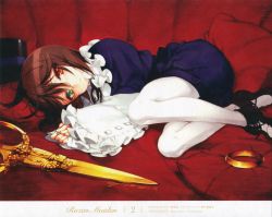 Rule 34 | 1girl, absurdres, brown hair, hat, heterochromia, highres, jewelry, lineart, lying, on side, ooyari ashito, pantyhose, pillow, ring, rozen maiden, scan, scissors, short hair, solo, souseiseki