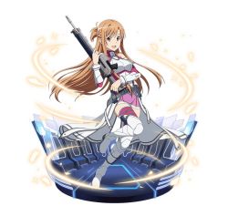 Rule 34 | 1girl, :d, armor, armored boots, asuna (sao), boots, breasts, brown eyes, brown hair, detached sleeves, faux figurine, floating hair, full body, gun, holding, holding gun, holding weapon, holster, long hair, looking at viewer, medium breasts, miniskirt, open mouth, pink skirt, red thighhighs, rifle, simple background, skirt, smile, solo, sword art online, thigh boots, thigh holster, thighhighs, very long hair, weapon, white background, white footwear