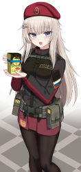 Rule 34 | 1girl, absurdres, ak74m (girls&#039; frontline), beret, black jacket, black pantyhose, blue eyes, blush, candy, chocolate, chocolate bar, cowboy shot, feet out of frame, food, girls&#039; frontline, hair ornament, hat, highres, holding, jacket, light brown hair, long sleeves, looking at viewer, open mouth, pantyhose, red hat, red skirt, russian flag, simple background, skirt, smile, snowflake hair ornament, solo, standing, white background, yakob labo