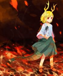 Rule 34 | 1girl, antlers, black footwear, blonde hair, blue shirt, closed mouth, commentary request, dragon girl, dragon tail, flat chest, full body, green ribbon, green skirt, hand up, highres, horns, kaigen 1025, kicchou yachie, mary janes, pleated skirt, red eyes, ribbon, shirt, shoes, short hair, skirt, sleeves past elbows, socks, solo, tail, touhou, wading, white socks