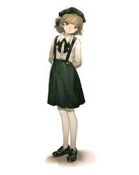Rule 34 | 1girl, arms behind back, black bow, black bowtie, black footwear, black ribbon, black skirt, bow, bowtie, brown eyes, brown hair, collared shirt, commentary, expressionless, flower, hat, hat flower, hat ribbon, hatoba tsugu, highres, loafers, long sleeves, looking at viewer, mole, mole under eye, pantyhose, parted lips, ribbon, rose, shadow, shirt, shoes, short hair, simple background, skirt, solo, standing, symbol-only commentary, tachi-e, takenoko (531), tsugu (vtuber), virtual youtuber, white background, white flower, white pantyhose, white rose, white shirt