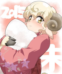 Rule 34 | 10s, 1girl, 2015, :3, bioroid hei, female focus, hooves, horns, japanese clothes, kimono, looking at viewer, monster girl, new year, original, pillow, sheep, smile, solo, white hair, yellow eyes