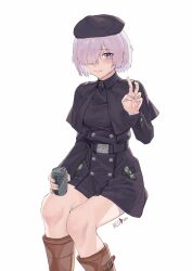 Rule 34 | 1girl, belt, black capelet, black coat, blush, boots, can, capelet, coat, coat dress, fate/grand order, fate (series), feet out of frame, hair over one eye, highres, holding, holding can, light purple hair, looking at viewer, mash kyrielight, mash kyrielight (traveling outfit), purple eyes, redauto, short hair, simple background, sitting, smile, solo, v, white background