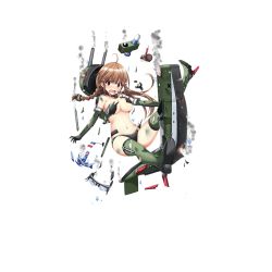 Rule 34 | 1girl, ahoge, bare shoulders, besson mb.411, bikini, black bikini, black gloves, blunt bangs, boots, braid, breasts, broken, brown eyes, brown hair, bubble, cannon, choker, cleavage, damaged, elbow gloves, eyebrows, french flag, full body, gloves, goggles, green bikini, green footwear, green gloves, haluka (aixioo), leg up, looking at viewer, machinery, mole, mole on breast, multicolored bikini, multicolored clothes, multicolored gloves, navel, official art, open mouth, rudder footwear, single braid, smoke, solo, submarine, surcouf (warship girls r), swimsuit, thigh boots, thighhighs, tongue, torn clothes, torpedo, transparent background, turret, warship girls r, watercraft, worried