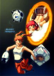 Rule 34 | 2girls, amputee, aperture science handheld portal device, ass, back, breasts, chell, chell (cosplay), cleavage, cosplay, downblouse, glados, glados (cosplay), green eyes, hair bobbles, hair ornament, ibarazaki emi, jumpsuit, katawa shoujo, multiple girls, nakai hisao, one eye closed, orange hair, orange jumpsuit, portal, portal (object), portal (series), portal 1, portal 2, prosthesis, red hair, tank top, tezuka rin, twintails, upside-down, valve, aperture science weighted companion cube, wheatley, wink