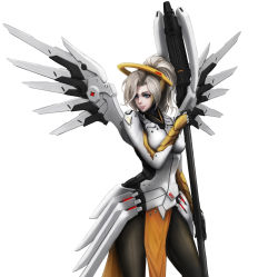 Rule 34 | 1girl, armor, blonde hair, blue eyes, bodysuit, breasts, brown pantyhose, cowboy shot, cyborg, emblem, eyelashes, faulds, halo, high ponytail, highres, holding, holding staff, lips, looking to the side, mechanical halo, mechanical wings, medium breasts, medium hair, mercy (overwatch), mr4891102, nose, overwatch, overwatch 1, pantyhose, pelvic curtain, pink lips, simple background, smile, solo, spread wings, staff, swiss flag, white background, white bodysuit, wings