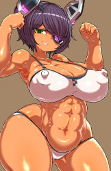 Rule 34 | 1girl, abs, bare arms, bare shoulders, breasts, brown background, cameltoe, cleavage, collarbone, covered erect nipples, cowboy shot, eyepatch, gluteal fold, grin, hair ornament, haku hakujou daimaou, highres, kantai collection, large breasts, looking at viewer, navel, panties, purple hair, short hair, simple background, smile, solo, stomach, swept bangs, tenryuu (kancolle), thick thighs, thighs, underwear, white panties, yellow eyes