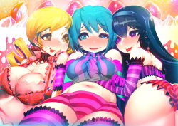 Rule 34 | 3girls, akemi homura, aqua shirt, areola slip, ass, asymmetrical legwear, bare shoulders, black hair, black hairband, blonde hair, blue eyes, blue hair, blush, bra, breasts, cake, cleavage, commentary request, cosplay, costume combination, costume switch, crop top, detached sleeves, drill hair, earrings, food, food-themed background, frilled bra, frilled panties, frills, fruit, furrowed brow, gloves, group costume switch, hairband, hakkasame, hand under clothes, hand under shirt, jewelry, kneeling, large breasts, long hair, looking at another, low-cut armhole, lying, magical girl, mahou shoujo madoka magica, medium breasts, midriff, miki sayaka, mismatched legwear, multiple girls, navel, on back, open mouth, panties, pink panties, purple eyes, purple gloves, purple sleeves, purple thighhighs, raised eyebrows, red bra, red panties, shirt, short hair, smile, strawberry, thighhighs, tomoe mami, tongue, tongue out, twin drills, underwear, yellow eyes, yuri