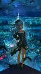 Rule 34 | 1girl, absurdres, advarcher, beret, black jacket, blue eyes, blue hair, building, choker, city, cityscape, cloud, commentary, english commentary, hat, high heels, highres, hololive, hoshimachi suisei, hoshimachi suisei (streetwear), jacket, long sleeves, looking at viewer, looking back, medium hair, night, night sky, off shoulder, on rooftop, orange pantyhose, outdoors, pantyhose, shooting star, sky, skyline, skyscraper, star (sky), starry sky, v, virtual youtuber