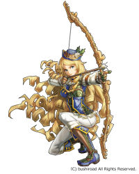 Rule 34 | 1girl, aiming, blonde hair, blue eyes, boots, bow (weapon), bushiroad, drawing bow, drill hair, geetgeet, gloves, hat, holding, holding bow (weapon), holding weapon, knee boots, long hair, official art, on one knee, solo, very long hair, weapon, white background
