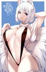 Rule 34 | 1girl, absurdres, alternate costume, animal ear fluff, arm behind head, azur lane, black one-piece swimsuit, black slingshot swimsuit, blue background, blue eyes, blush, breasts, breasts apart, from below, full-face blush, highres, kaga (azur lane), kitsune, kyuubi, large breasts, multiple tails, one-piece swimsuit, samip, shirt, short hair, simple background, slingshot swimsuit, slit pupils, solo, standing, swimsuit, tail, white hair, white shirt, white tail