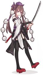 Rule 34 | 1girl, black thighhighs, blush, brown hair, detached sleeves, flat chest, full body, geta, hat, himekaidou hatate, holding, holding sword, holding weapon, kourindou tengu costume, long hair, looking down, open mouth, outline, pelvic curtain, pointy ears, ponytail, purple eyes, red footwear, ribbon-trimmed legwear, ribbon-trimmed skirt, ribbon-trimmed sleeves, ribbon trim, scabbard, sheath, shiroshi (denpa eshidan), shoes, sidelocks, simple background, skinny, solo, sword, tengu-geta, thighhighs, thighs, tokin hat, touhou, twintails, walking, weapon, white background, wide sleeves