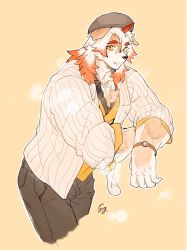 Rule 34 | 1boy, alternate costume, animal ears, arknights, bara, brown fur, brown pants, casual, chest hair, cropped legs, dog boy, dog ears, furry, furry male, hat, highres, horns, hung (arknights), jacket, male focus, medium hair, multicolored hair, muscular, open clothes, open jacket, orange eyes, orange hair, pants, ppyong, shirt, single horn, solo, streaked hair, two-tone fur, watch, white fur, white hair, white jacket, yellow shirt