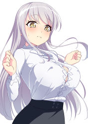 Rule 34 | 10s, 1girl, alternate breast size, bang dream!, breasts, bursting breasts, button gap, commentary request, covered erect nipples, grey skirt, highres, large breasts, light purple hair, long hair, long sleeves, looking at breasts, minato yukina, no bra, roselia (bang dream!), sakamata (sakamata4), shirt, simple background, skirt, solo, standing, white background, white shirt, yellow eyes