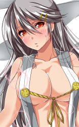 Rule 34 | 10s, 1girl, ar (lover boy), bare arms, bare shoulders, blush, breasts, center opening, cleavage, collarbone, hair between eyes, hair ornament, hairclip, haruna (kancolle), heart, heart-shaped pupils, highres, kantai collection, large breasts, long hair, looking at viewer, nontraditional miko, nose blush, orange eyes, parted lips, sideboob, silver hair, solo, sweat, swept bangs, symbol-shaped pupils, upper body