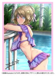 Rule 34 | 1girl, blonde hair, blue eyes, braid, breasts, cleavage, creatures (company), french braid, game freak, large breasts, looking at viewer, navel, nintendo, pokemon, pokemon xy, serena (pokemon), short hair, solo, swimsuit, takecha, tree, water