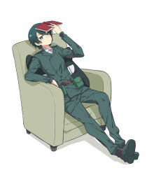Rule 34 | 00s, 1girl, androgynous, belt, book, chair, dress shirt, expressionless, formal, green eyes, green hair, highres, kino (kino no tabi), kino no tabi, looking at viewer, luo., matching hair/eyes, pillow, pouch, reverse trap, shirt, short hair, simple background, sitting, solo, suit