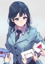 Rule 34 | 1girl, arms behind back, black hair, black skirt, blazer, blue eyes, blue jacket, blue necktie, blush, breasts, closed mouth, commentary request, grey background, hair ornament, hairclip, hibike! euphonium, highres, jacket, kuziaaizuk, letter, long hair, long sleeves, love letter, medium breasts, necktie, rikka koukou marching band e youkoso, sasaki azusa, simple background, skirt, solo focus, sweatdrop, upper body