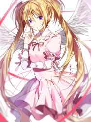 Rule 34 | 1girl, bad id, bad pixiv id, blonde hair, chi zu crazy, choker, detached sleeves, dress, dutch angle, feathered wings, floating hair, hair between eyes, hoshina utau, index finger raised, long hair, looking at viewer, neck ribbon, pink dress, pleated dress, purple eyes, red ribbon, ribbon, short dress, short sleeves, shugo chara!, solo, standing, twintails, very long hair, white wings, wings
