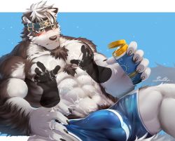 Rule 34 | 1boy, abs, alternate costume, animal ears, bara, bare pectorals, blue male swimwear, blue swim trunks, blush, body hair, bulge, chest hair, disembodied hands, erection, erection under clothes, furry, furry male, grabbing, grey fur, grey hair, groping, headband, horkeu kamui, large pectorals, lotion, male focus, male pubic hair, male swimwear, muscular, navel, nipples, pectoral grab, pectorals, pubic hair, rabbity art, see-through silhouette, short hair, solo, spread legs, sunscreen, swim trunks, swimsuit, tail, thick thighs, thighs, tokyo houkago summoners, two-tone fur, wet, wet clothes, white fur, wolf boy, wolf ears, wolf tail, yellow eyes