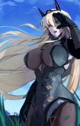 Rule 34 | 1girl, abs, absurdres, bare shoulders, barghest (fate), barghest (second ascension) (fate), black dress, black gloves, blonde hair, blue sky, breasts, brown pantyhose, covered navel, dress, earrings, elbow gloves, fate/grand order, fate (series), gauntlets, gloves, grass, green eyes, heterochromia, highres, horns, jewelry, large breasts, long hair, looking to the side, muscular, muscular female, necklace, obazzotto, open mouth, pantyhose, pelvic curtain, red eyes, single gauntlet, sky, solo, thighs
