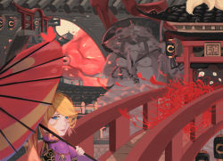 Rule 34 | 1girl, ajirogasa, alternate costume, alternate eye color, alternate hairstyle, architecture, beads, blonde hair, blue eyes, body offscreen, bridge, day, east asian architecture, flower, fox tail, from behind, fur, hair up, hat, holding, holding umbrella, japanese clothes, kimono, lantern, light smile, long hair, looking at viewer, looking back, md5 mismatch, multiple tails, obi, oil-paper umbrella, outdoors, paper lantern, parted bangs, parted lips, petals, pink lips, ponytail, prayer beads, purple kimono, resolution mismatch, sash, sidelocks, solo, source larger, spider lily, statue, tail, touhou, tzafra, umbrella, yakumo ran, yakumo yukari