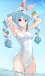 Rule 34 | 1girl, absurdres, animal ears, blue hair, breasts, carrot hair ornament, collarbone, covered navel, food-themed hair ornament, hair ornament, highres, hololive, looking at viewer, medium breasts, meteor (yamashou), multicolored hair, one-piece swimsuit, rabbit-shaped pupils, rabbit ears, rabbit girl, rabbit tail, red eyes, solo, swimsuit, symbol-shaped pupils, tail, thigh gap, thighs, two-tone hair, usada pekora, virtual youtuber, white hair, white one-piece swimsuit
