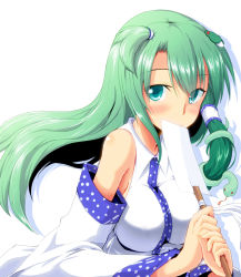 Rule 34 | 1girl, alternate hairstyle, bare shoulders, blush, bow, covering own mouth, female focus, frog hair ornament, green eyes, green hair, hair ornament, kasuka, kochiya sanae, long hair, matching hair/eyes, revision, simple background, snake, solo, touhou, upper body, white background