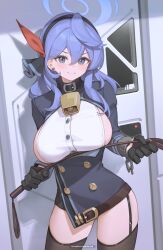 Rule 34 | 1girl, absurdres, ako (blue archive), bell, belt, belt buckle, bilibili xiaolu, black bow, black gloves, black hairband, black thighhighs, blue archive, blue eyes, blue hair, blue halo, blue jacket, bow, bow hairband, breasts, brown belt, buckle, buttons, chinese commentary, clenched teeth, commentary request, contrapposto, cowbell, cowboy shot, cuffs, double-breasted, double-parted bangs, earrings, framed breasts, garter straps, gloves, hair between eyes, hair ribbon, hairband, halo, highres, holding riding crop, jacket, jewelry, large breasts, long hair, long sleeves, looking at viewer, neck bell, partial commentary, ribbon, riding crop, shackles, shirt, sideboob, solo, standing, stud earrings, swimsuit, tearing up, teeth, thighhighs, v-shaped eyebrows, wavy hair, white shirt