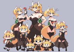 Rule 34 | 1girl, :3, :d, black leotard, black thighhighs, blonde hair, blue eyes, blush, bouquet, bowsette, bracelet, breasts, character doll, chibi, claw pose, cleavage, collar, commentary request, crossed arms, earrings, fang, fang out, fire, flat chest, flower, hand on own hip, highres, horns, jewelry, large breasts, leotard, long hair, looking at viewer, mario, mario (series), multiple girls, multiple persona, new super mario bros. u deluxe, nintendo, nose blush, open mouth, pointy ears, ponytail, pout, simple background, small breasts, smile, spiked bracelet, spiked collar, spiked shell, spikes, standing, super crown, tail, thighhighs, turtle shell, ukichan22905846