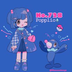 Rule 34 | 1girl, bag, blue background, blue footwear, blue hair, character name, creature and personification, creatures (company), full body, game freak, gen 7 pokemon, hair ornament, hairclip, heart, long sleeves, narumame, nintendo, one eye closed, open mouth, personification, poke ball, poke ball (basic), pokedex number, pokemon, pokemon (creature), popplio, shoes, short hair, shoulder bag, simple background, smile, twitter username