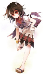 Rule 34 | 1girl, akanbe, black hair, bow, cuffs, dress, eyelid pull, full body, hisona (suaritesumi), horns, kijin seija, looking at viewer, multicolored hair, outstretched arm, red eyes, red hair, ribbon, sandals, short hair, short sleeves, simple background, solo, tongue, tongue out, touhou, white background, white hair