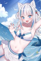 Rule 34 | 1girl, animal ears, armpits, blue eyes, blue hair, blue nails, cat ears, fins, fish, fish tail, gawr gura, grey hair, hair ornament, highres, hololive, hololive english, long hair, looking at viewer, midriff, multicolored hair, navel, ocean, open mouth, shark hair ornament, shark tail, sharp teeth, shirase rin, smile, solo, streaked hair, swimsuit, tail, teeth, two side up, virtual youtuber