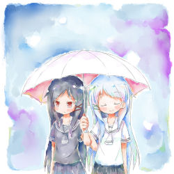 Rule 34 | &gt;:/, 2girls, :/, arm at side, arm grab, black hair, black serafuku, black shirt, black skirt, blue hair, blush, closed eyes, closed mouth, collarbone, copyright request, eyebrows, faux traditional media, hair flaps, hair ornament, head tilt, holding, holding umbrella, long hair, looking away, multiple girls, painting (medium), pleated skirt, red eyes, school uniform, serafuku, shared umbrella, shirt, short sleeves, skirt, smile, swept bangs, tinzing saamzong, traditional media, tsurime, umbrella, v-shaped eyebrows, very long hair, watercolor (medium), white shirt, x hair ornament