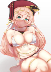 Rule 34 | 1girl, absurdres, antlers, arm support, armlet, armpit crease, arms behind back, bare shoulders, belly chain, bikini, blush, breasts, cleavage, closed mouth, commentary, cosplay, cowboy shot, dancer, er572, genshin impact, green eyes, hair between eyes, hat, head chain, highleg, highleg bikini, highres, horns, jewelry, large breasts, long hair, looking at viewer, mouth veil, navel, nijisanji, o-ring, o-ring bikini, pink hair, red hat, revealing clothes, see-through, shadow, sidelocks, simple background, sitting, skindentation, smile, solo, stomach, swimsuit, thighlet, underboob, veil, virtual youtuber, white background, white bikini, yanfei (genshin impact), yorumi rena, yorumi rena (cosplay)
