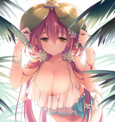 Rule 34 | 10s, 1girl, blush, breasts, cleavage, closed mouth, collarbone, dress, flower, granblue fantasy, hair flower, hair ornament, large breasts, leaf, leaning forward, long hair, looking at viewer, mizuno sao, monster girl, no bra, pink hair, plant girl, pointy ears, revision, smile, solo, twintails, white background, white flower, yellow eyes, yggdrasill (granblue fantasy)