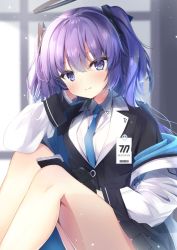 Rule 34 | barcode, blue archive, blue necktie, cellphone, gloves, hair between eyes, half gloves, halo, id card, jacket, jacket partially removed, legs, long sleeves, madotsukumo, necktie, phone, pleated skirt, purple hair, skirt, smartphone, smile, solo, two side up, white jacket, yuuka (blue archive)