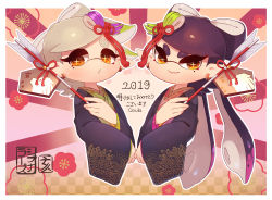 Rule 34 | + +, 2019, 2girls, akeome, artist name, black hair, black kimono, brown eyes, callie (splatoon), chinese zodiac, closed mouth, commentary, coula cat, cousins, cropped torso, earrings, ema, flower, frown, furisode, grey hair, hair ornament, happy new year, highres, holding, inkling, japanese clothes, jewelry, kanzashi, kimono, long hair, long sleeves, looking at viewer, marie (splatoon), mole, mole under eye, multiple girls, new year, nintendo, open mouth, pointy ears, print kimono, rising sun flag, short hair, signature, smile, splatoon (series), sunburst, tentacle hair, translation request, upper body, very long hair, wide sleeves, year of the pig