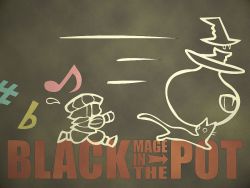 Rule 34 | 00s, bard, bard (final fantasy), black background, black mage (final fantasy), cat, character name, final fantasy, final fantasy xi, flying sweatdrops, hat, jug (bottle), musical note, pot, running, silhouette, simple background, witch hat